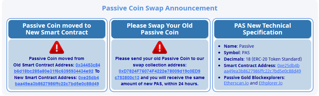PassiveCoin's tweet photo. IMPORTANT ANNOUNCEMENT !!!

Due to various important reasons, Passive Coin moved from Old Smart Contract To New One.

Please swap your old $PAS 

Details on our website: https://t.co/Tu9sOqtdmz

#passivecoin #ethereum #tokens https://t.co/Fpx0XWSuN8