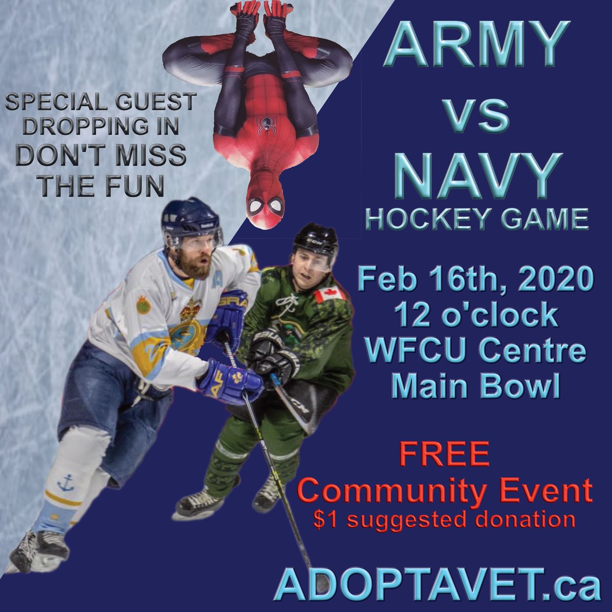 adoptavetcanada's tweet photo. Spider-Man will be coming to the game you should too.  Don’t miss this FREE family event.  And make sure to bring your skates for a skate with the soldiers after the game.  #Windsor #canadianarmedforces #community https://t.co/GiJ4W8tYtQ