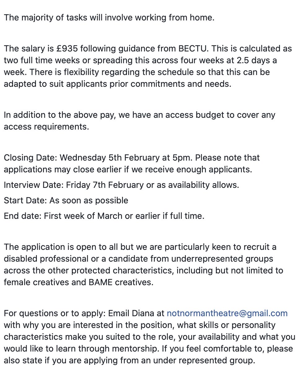 We're recruiting for a paid Assistant Producer Position with mentorship support. Open to all applicants but we're particularly keen to hear from disabled creatives and other underrepresented groups. See the photos for details.