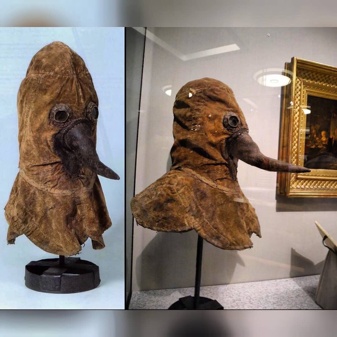 An authentic 16th century plague doctor mask that has been preserved over the years and is currently on display at the German Museum of Medical History in Ingolstadt.⁣