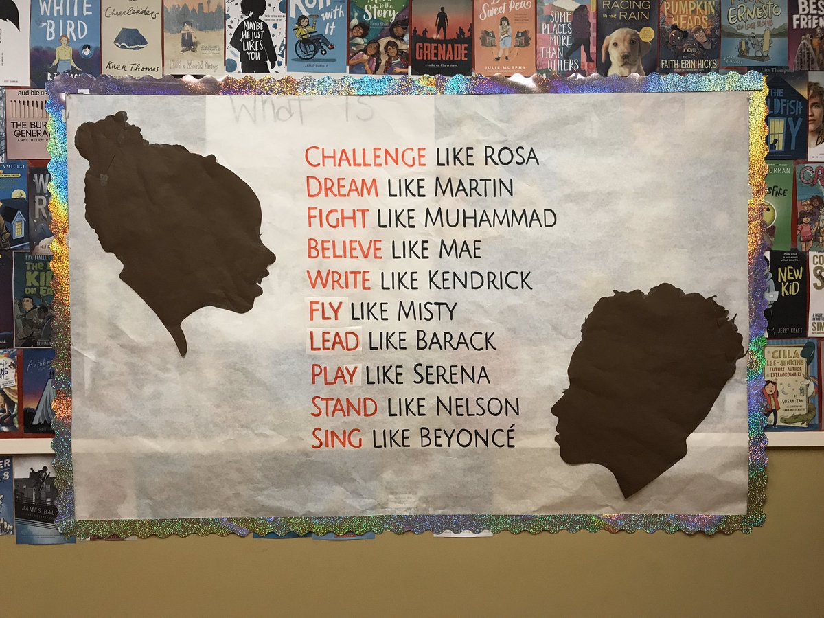 fitzbtwnshelves's tweet photo. Ms. Smith and I have been dreaming about this wall all year! Those silhouettes belong to strong and proud little members of our school community, leaders that we’re so excited to highlight. Their names will be the ones on walls one day. #BlackHistory2020 https://t.co/kS6eiNFKzZ