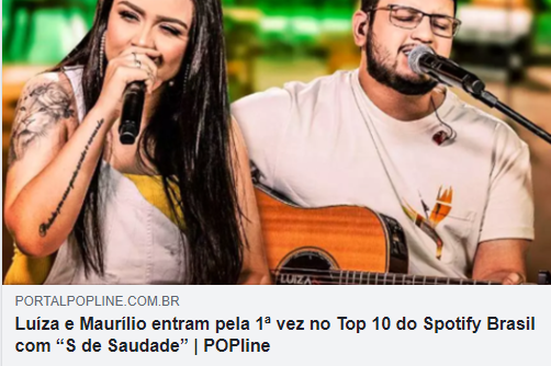 luizaemaurilio_'s tweet photo. #TaNaWeb #PortalPopLine
@luizaemaurilio_ entram pela 1ª vez no Top 10 do Spotify Brasil com “S de Saudade”
https://t.co/SXAjkvP7MC https://t.co/ZoTyb3guYy