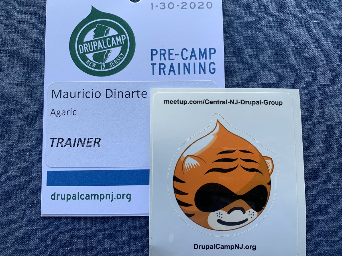 Mauricio’s name tag and sticker of DrupalCamp New Jersey 2020
