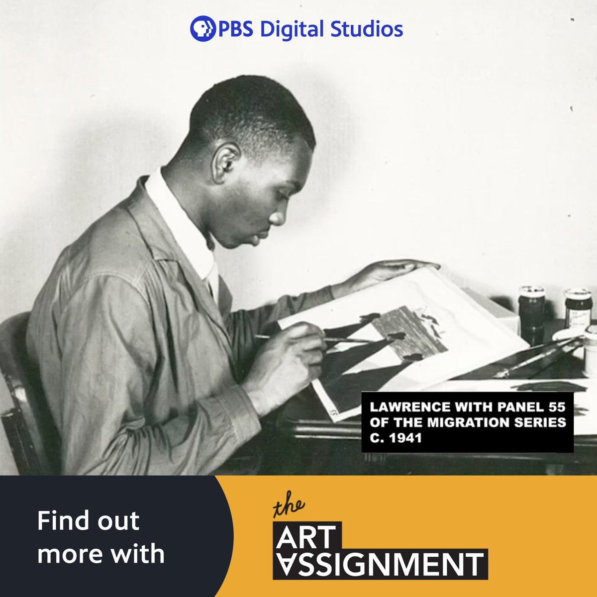 A black and white image of Jacob Lawrence painting a panel from his Migrations series. He is sitting, looking down, and painting with a narrow brush. The image is captioned "Find out more with The Art Assignment"