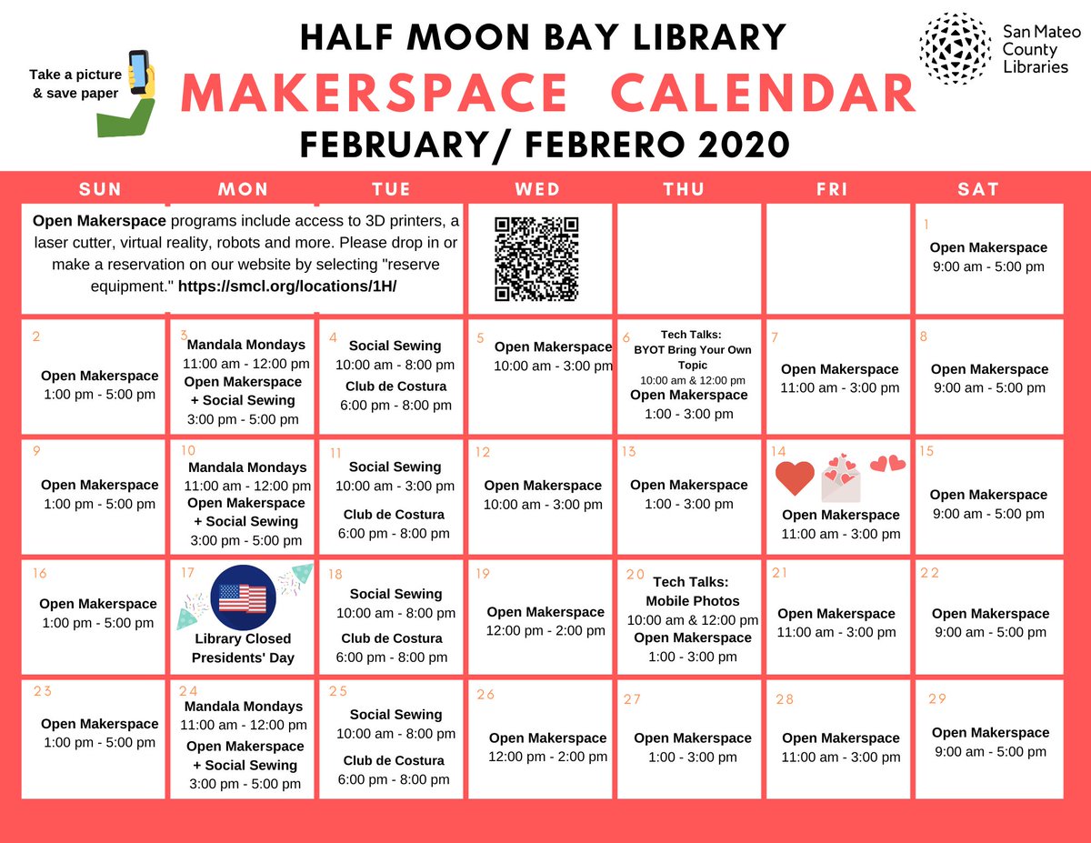 hmblibrary's tweet photo. Curious about what's happening in the MakerSpace in Februrary? Here is our latest schedule fresh off the press. Today enjoy adult coloring with Mandala Mondays from 11-noon. https://t.co/46QmO28YaF