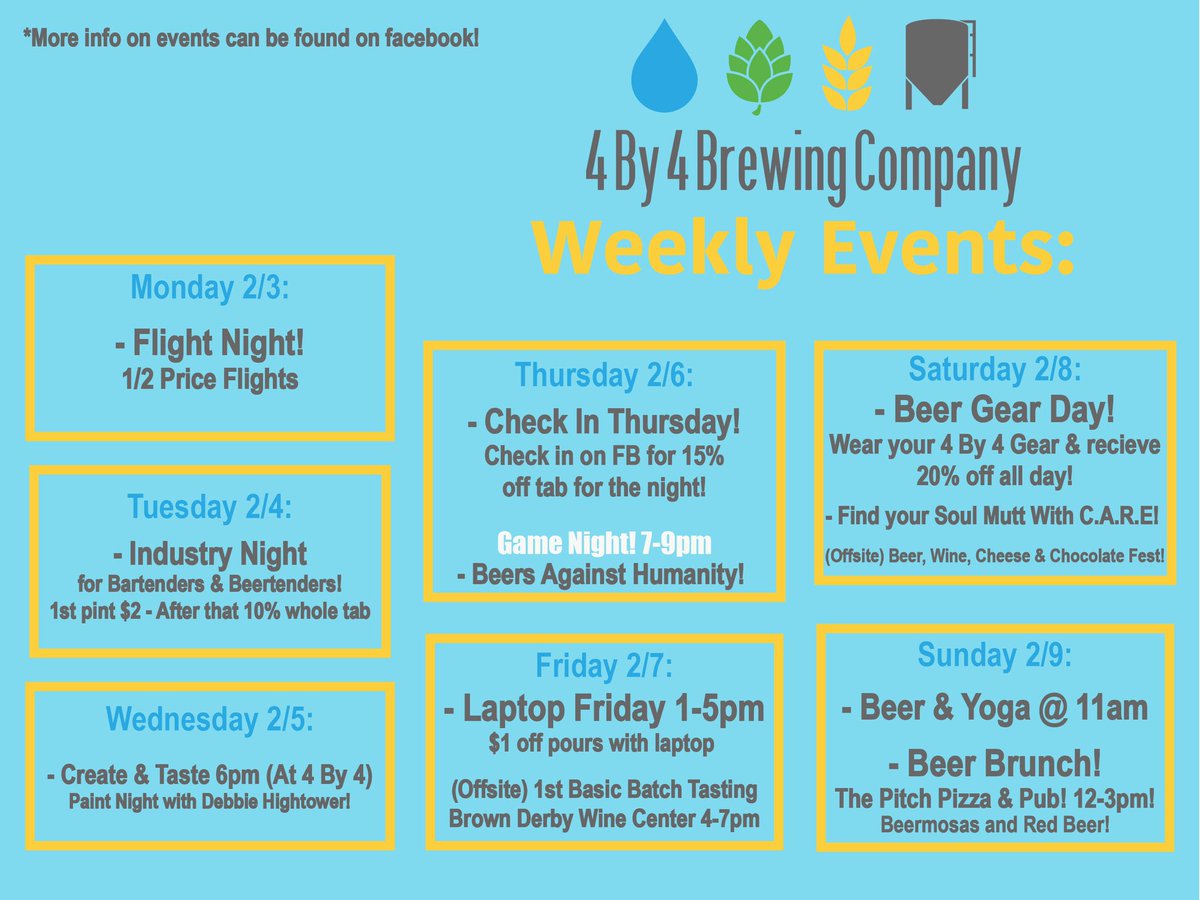 4by4Galloway's tweet photo. Weekly Events at 4 By 4!
****
#weeklyevents #flightnight #createandtaste #industrynight #pickapint #checkinthursday #beersagainsthumanity #laptopfriday #seltzertasting #beergearday #beerbrunch #springfieldmoevents #breweryevents

When life’s a chore, grab a beer at 4 By 4! https://t.co/dRhZ4F8mIX