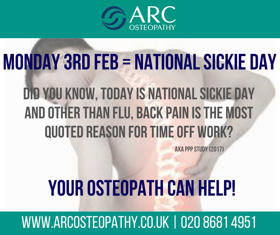 ARC_Osteopathy's tweet photo. Today is #NationalSickieDay Did you know the 2nd most quoted reason for time off work is BACK PAIN? Don't be a statistic. If you have back pain your Osteopath can help.
Call us and lets see how we can help.
020 8681 4951
#osteopathyworks #painfree #backpain #recovery #sickday https://t.co/nMMbfVkASV