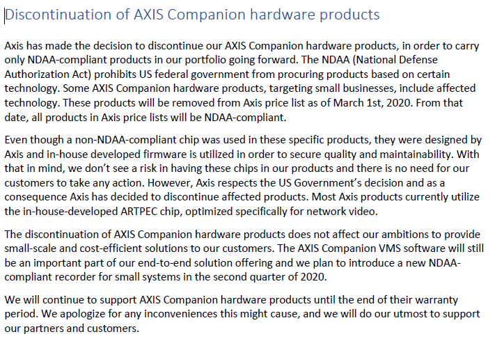 kavi317's tweet photo. @AxisIPVideo @Axis_NA Is the companion software going away as well?  Our 12 camera system is barely a year old.  Will there be an accommodation upgrade path? @crosstalksol https://t.co/zK4Btdvn6Q