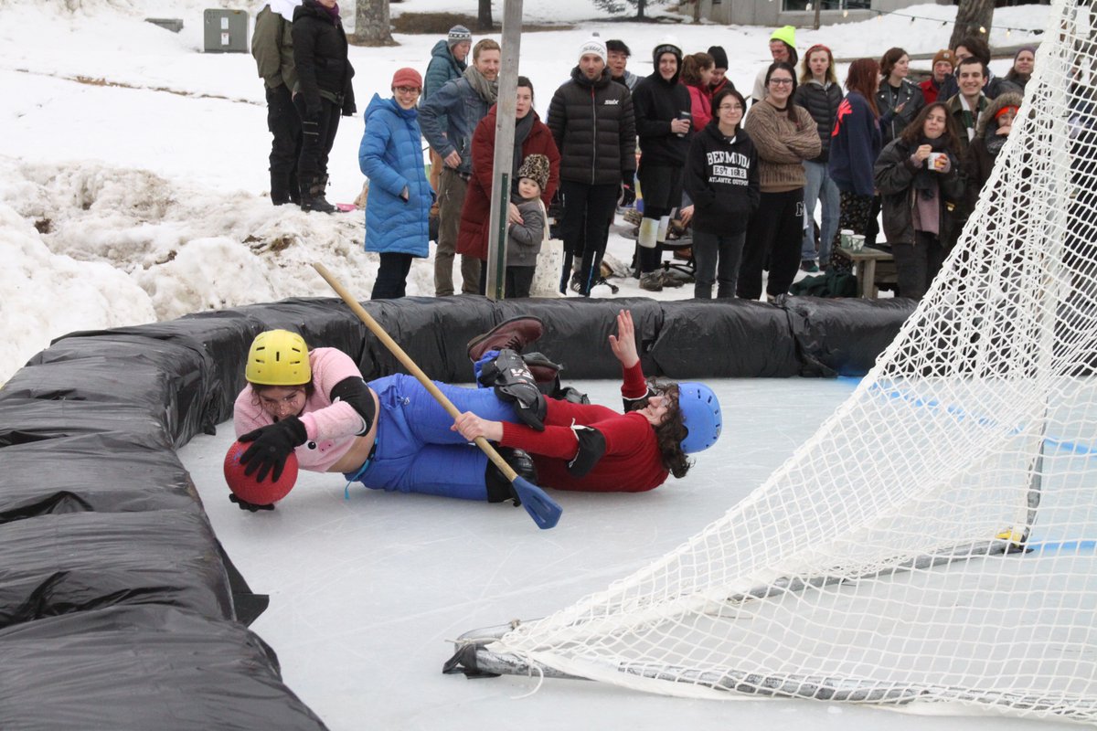MarlboroCollege's tweet photo. Teams with names like Geese Teeth, Sweeties, KGB, and the Mighty Cucks faced each other at broomball 2020, and there was strong showing from the alumni team, Read 'Em and Sweep. Primetime Saints won the finals, sliding by the defending champion faculty/staff team, Skid Pro Quo. https://t.co/LjwHkFiXKu