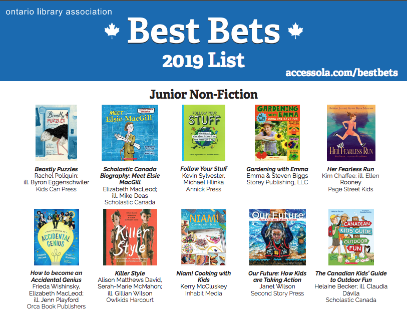A huge THANKS to the @ONLibraryAssoc #BestBets committee for choosing Follow Your Stuff from @AnnickPress as a 2019 selection!!!!!! (And proud to be in such great company. CANKIDLIT rocks!)