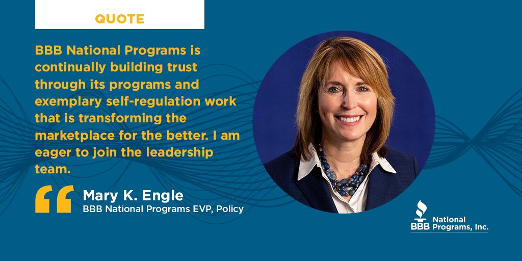 BBB_NtlPrograms's tweet photo. Mary Engle, new EVP, Policy for BBB National Programs will continue her innovative work of creating policy that makes the marketplace better.
@FTC 

Full statement here:  https://t.co/j587WSYXnl

#policy #regulations #FTC #advertising #privacy https://t.co/IwCmNRC8vd