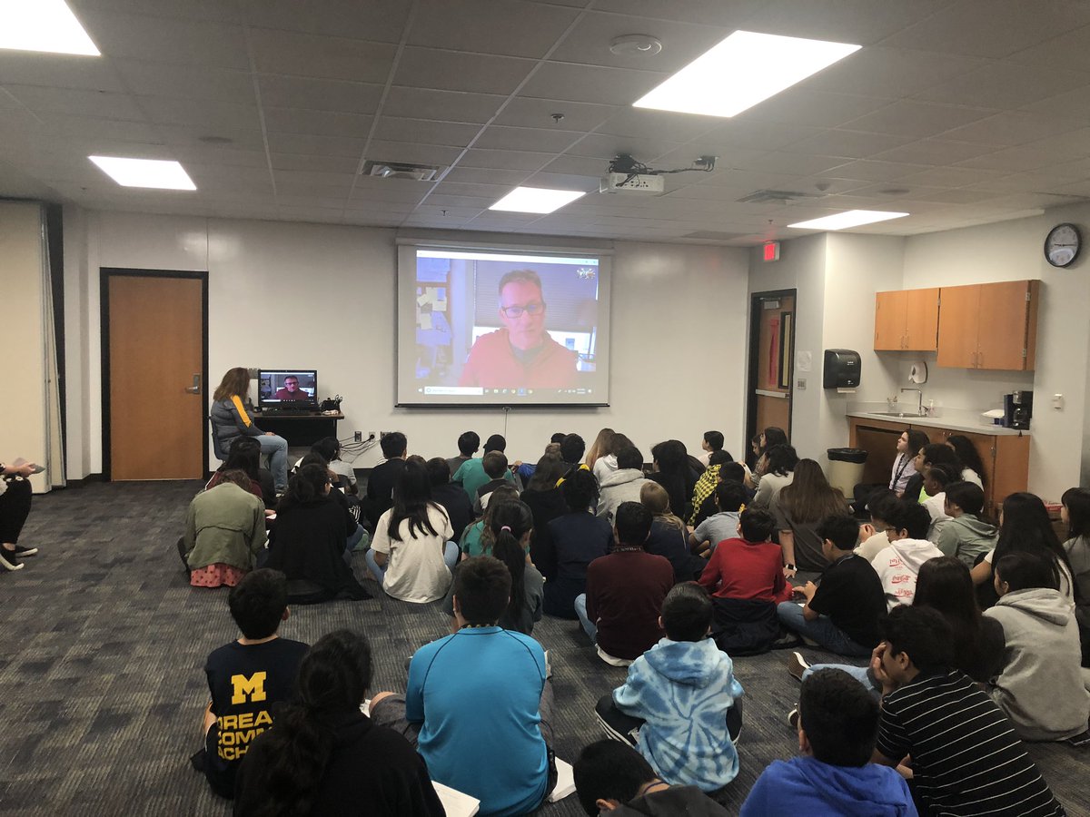 wray_angela's tweet photo. 7th grade students @MMJH Skyping with @christebbetts co-author of the “Middle School The Worst Years of My Life” asking insightful questions! What a great experience! #katyisdELA #watchmmjhlead #WorldReadAloudDay https://t.co/u4THTJEi5k
