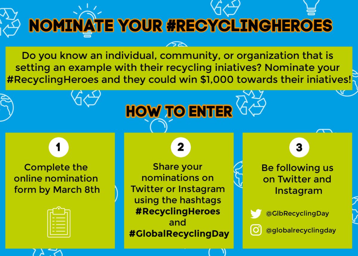 #RecyclingHeroes: Do you know someone setting a great example with their #recycling? Nominate them + they could win $1,000 on <a href="/GlbRecyclingDay/">Global Recycling Day</a> to help them do more. ♻️ From children, teachers + schools, to businesses + communities - entry closes 8th March. ow.ly/7glZ30qeEDc