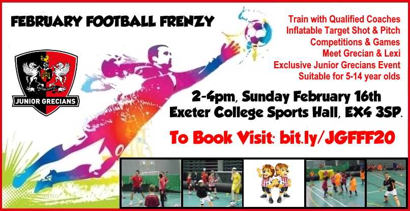 JuniorGrecians's tweet photo. Join the @OfficialECFC Junior Grecians for our February Football Frenzy 2pm to 4pm on Sunday 16th February 2020 at Exeter College Sports Hall! A fast-paced afternoon of football fun, this isn't an event to be missed. Full Details & To Book: https://t.co/bR6GPz4nzE #ECFC #JGZONE https://t.co/LpLd4flALP