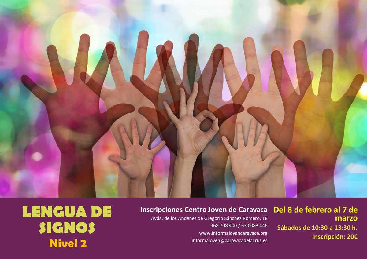 Adinor_'s tweet photo. El Centro Joven del @AytodeCaravaca inicia este sábado 8 de febrero con sus cursos de formación para estos primeros meses de 2020... si quieres seguir formándote en la Lengua de Signos este es tu curso. +info 630.828.698 https://t.co/ntIDmgAOeI