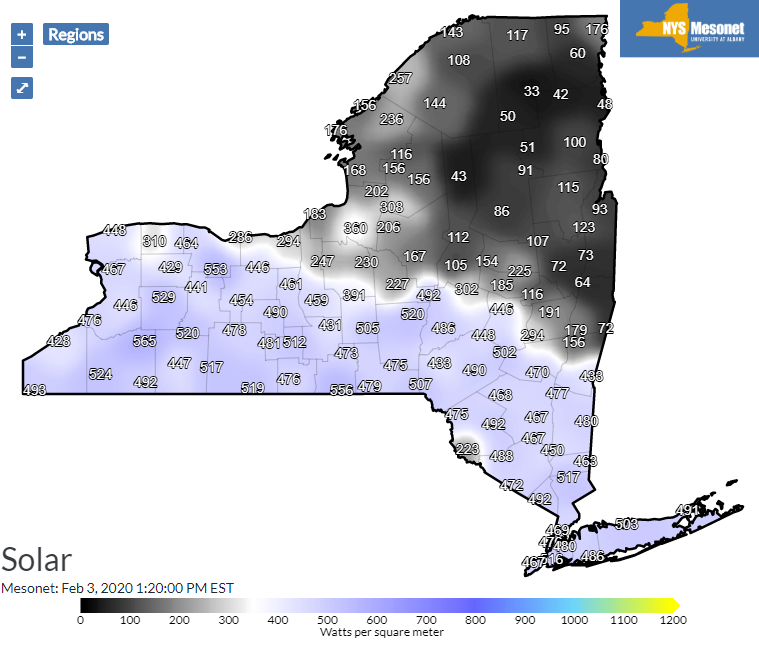 NWSAlbany's tweet photo. Check out the @NYSmesonet graphic that shows the amount of solar radiation or sunshine across NY. The blue colors represent mostly sunny skies while the gray represents cloud skies. Skies will continue to gradually to clear from south to north through the aft'n. #nywx https://t.co/u9vk5zMhg7