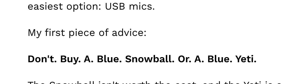 Screenshot of a piece of the post saying "Don't. Buy. A. Blue. Snowball. Or. A. Blue. Yeti."