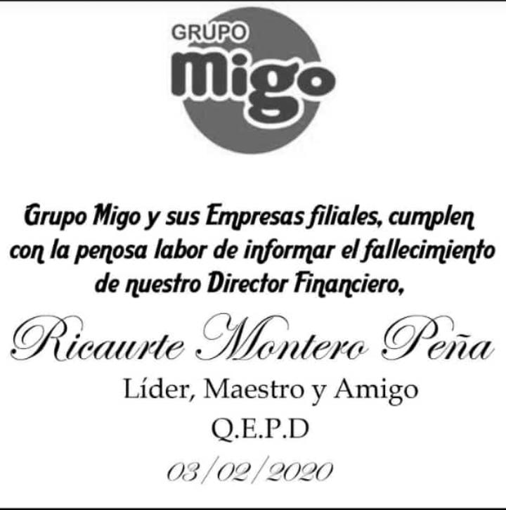 Nuestras mas sinceras condolencias a la Familia Migo, por el penoso fallecimiento de su director Financiero,  Ricaurte Montero Peña, Paz a Sus restos
.
.
.
<a href="/Migoenlinea/">MigoEnLinea</a> #migoFerreteria