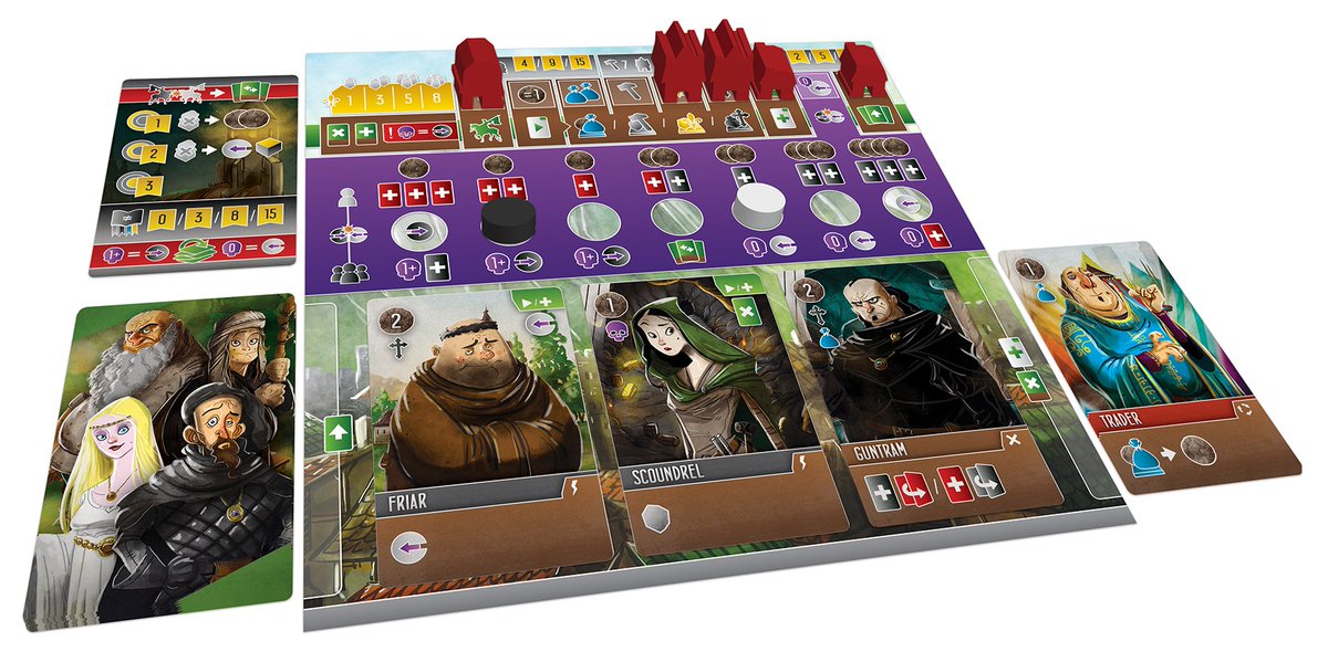 First look at the player board in Viscounts! The game features a mix of deck building and tableau building with the constant flow of townsfolk cards across the bottom half of the board.
