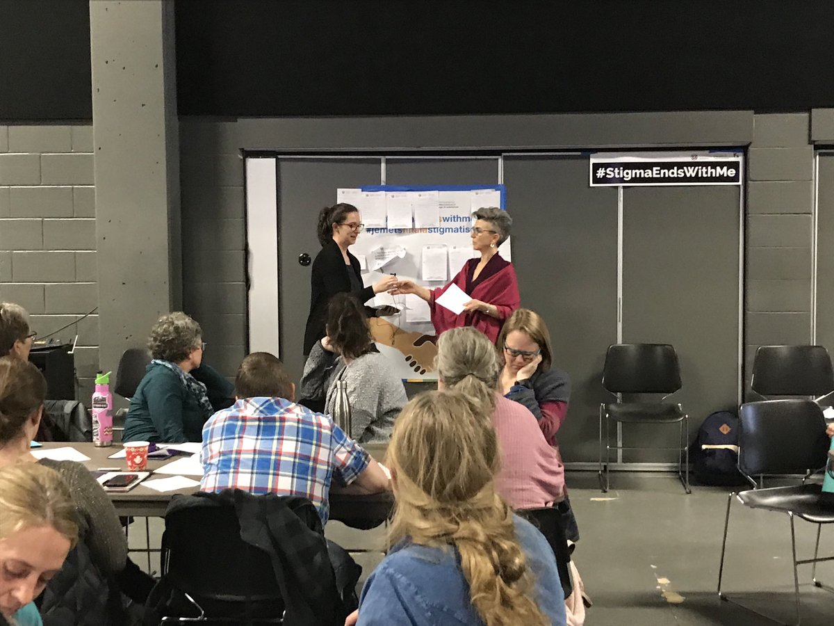 CAPSACanada's tweet photo. ⁦@CCSACanada⁩ Staff reviewing afternoon workshop participants commitments and ideas #StigmaEndsWithMe ⁦@ARCHESLeth⁩ https://t.co/Bq9YwAynaN