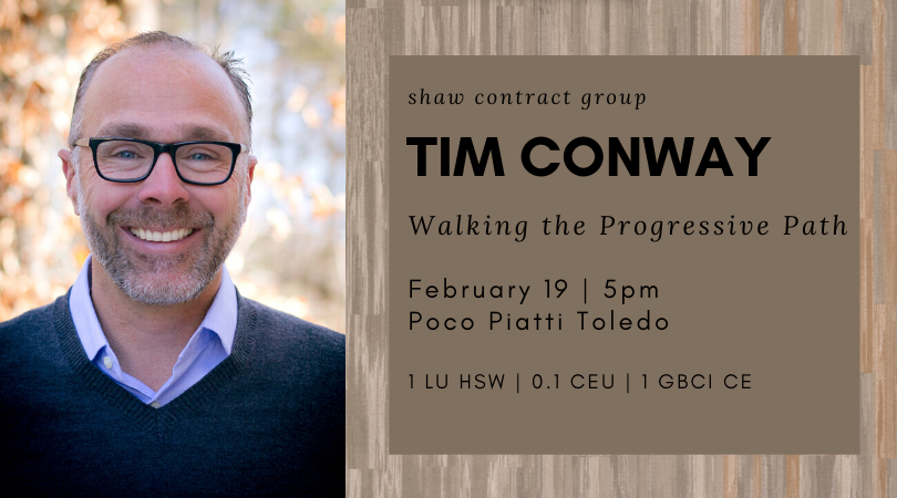 Join us in two weeks for a joint AIA &amp; IIDA meeting hosted by Shaw. Shaw's VP of Sustainability, Tim Conway, will be presenting: Walking the Progressive Path.  Earn 1 AIA LU &amp; 0.1 IDCEC CEU. Register today! conta.cc/391htA3