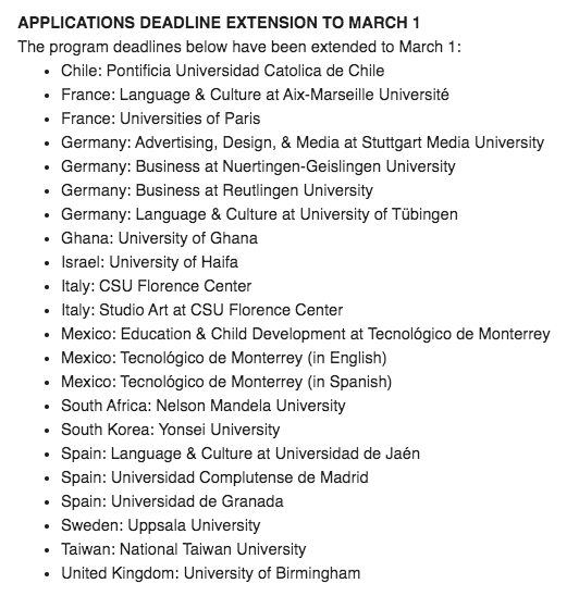 FS_studyabroad's tweet photo. Good news Study Abroad students!
Deadlines for ONLY these CSUIP programs have been extended. https://t.co/3Wz881JsRg