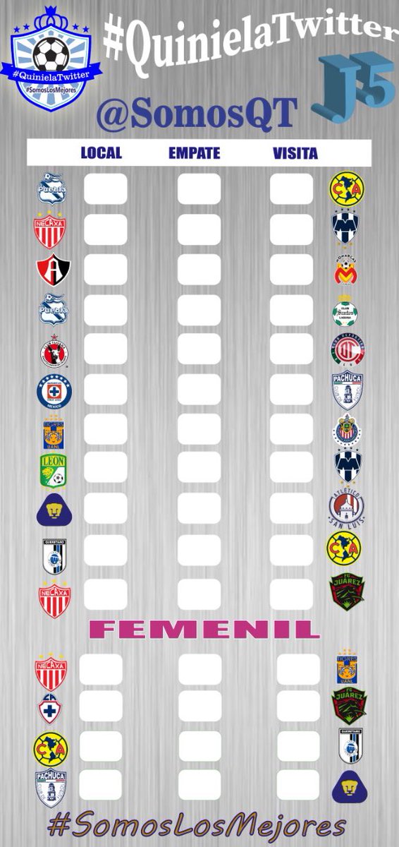SomosQT's tweet photo. Aquí está la planilla de la #Jornada5 #LigaBBVAMX #LigaBBVAMXFemenil #SomosLosMejores #QuinielaTwitter recuerden subir su planilla en este mismo tw para que sea contada, suerte a todos #QTMarco 😎✌🏻 https://t.co/b7Z84vGjxk