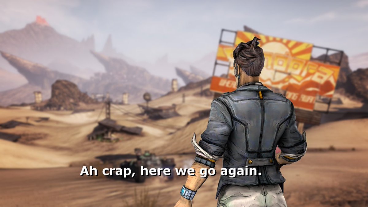 Handsome Jack standing faced away from the viewer, saying ‘Ah crap, here we go again.’