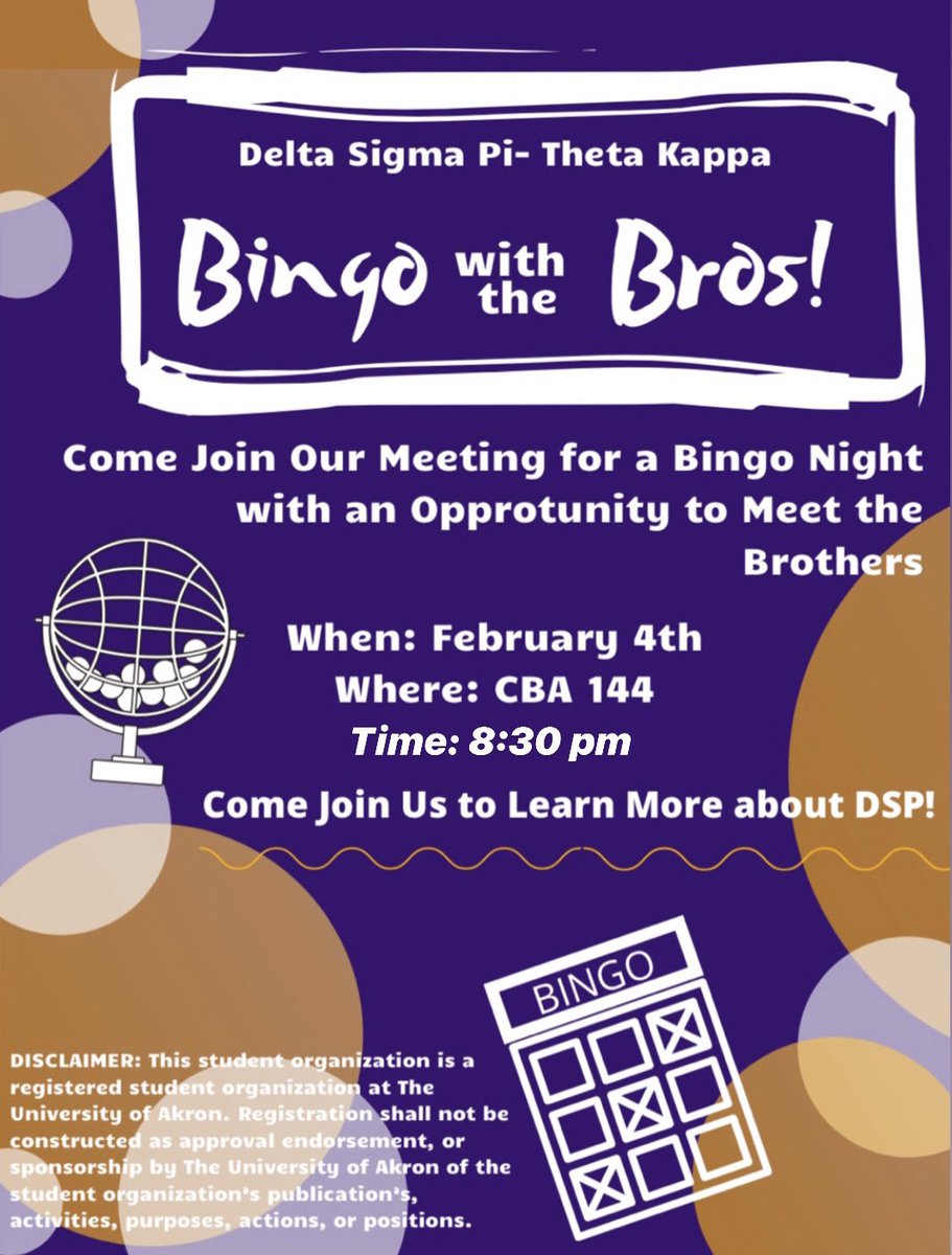 DeltaSigmaPi_UA's tweet photo. Interested in DSP but want a chance to learn more? We’ve got you covered!

Come play bingo with us and learn more about our professional fraternity while having fun!!

See you then! https://t.co/CzYKQ3umLr