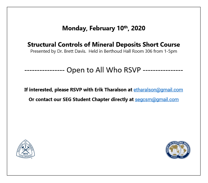We are very fortunate to have Dr. Brett Davis hosting a short course on the "Structural Controls of Mineral Deposits".  The course is open to all who RSVP.  Please see the attached flyer for more information.