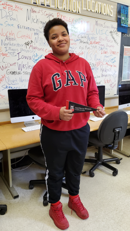 PirateCollegeHQ's tweet photo. Hannah just got accepted @NIUlive and is even wearing the school colors to celebrate! Way to go!!! #QuestForDominance #FlyTheJR #GoHuskies https://t.co/NmtZVPWfql