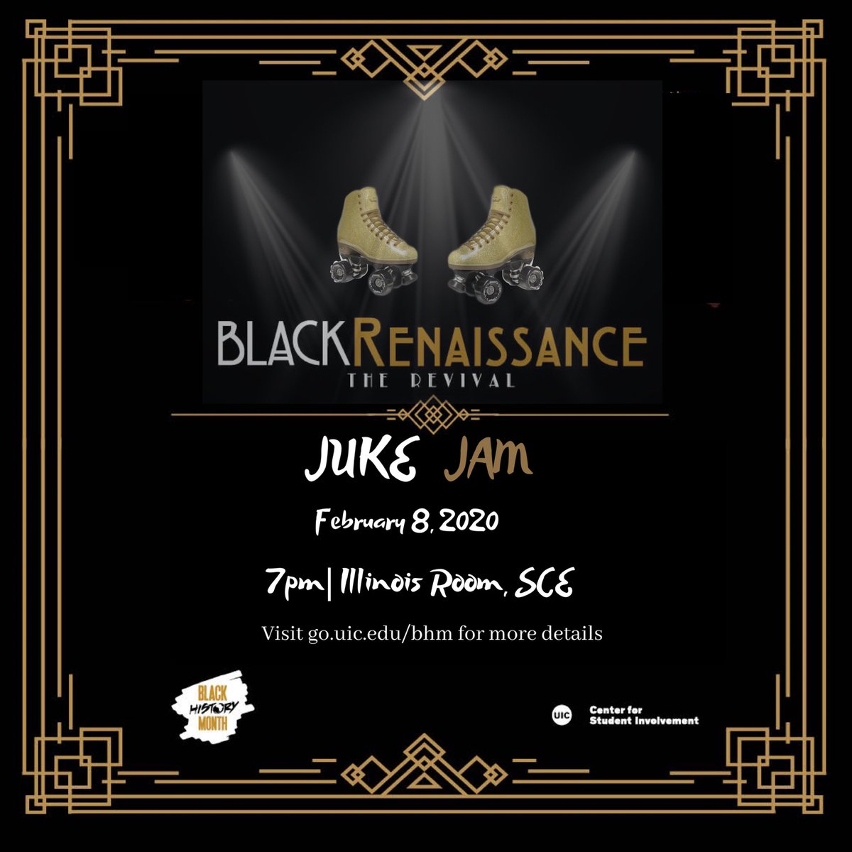 bsu_uic's tweet photo. Join us for the BLack History Month’s Juke Jam. This Saturday, February 8th, 2020 in the Illinois Room in SCE! Event starts at 7pm. Dress comfortably. House music will be playing get ready to “bounce and break that back” while having the option to skate.
#jukejam #BHM https://t.co/g0HuFjpDHD