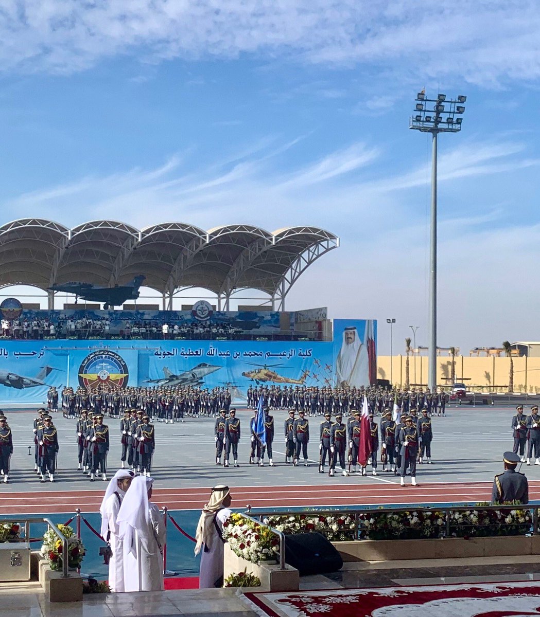 ComdtCranwell's tweet photo. Privileged to attend the spectacular Qatari Air Academy graduation. What a day! The Commandant is a graduate of my senior IOT course and I was honoured to meet His Royal Higness the Amir. I look forward to welcoming Brigadier Hamad back to Cranwell #NextGenAirForce #RAFAlumni https://t.co/tYoKLDfJlB