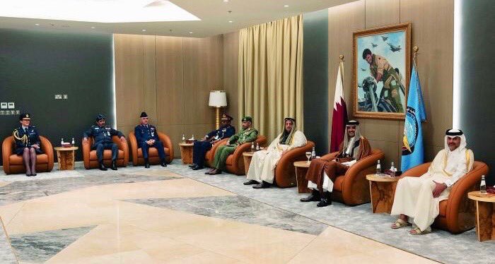 ComdtCranwell's tweet photo. Privileged to attend the spectacular Qatari Air Academy graduation. What a day! The Commandant is a graduate of my senior IOT course and I was honoured to meet His Royal Higness the Amir. I look forward to welcoming Brigadier Hamad back to Cranwell #NextGenAirForce #RAFAlumni https://t.co/tYoKLDfJlB
