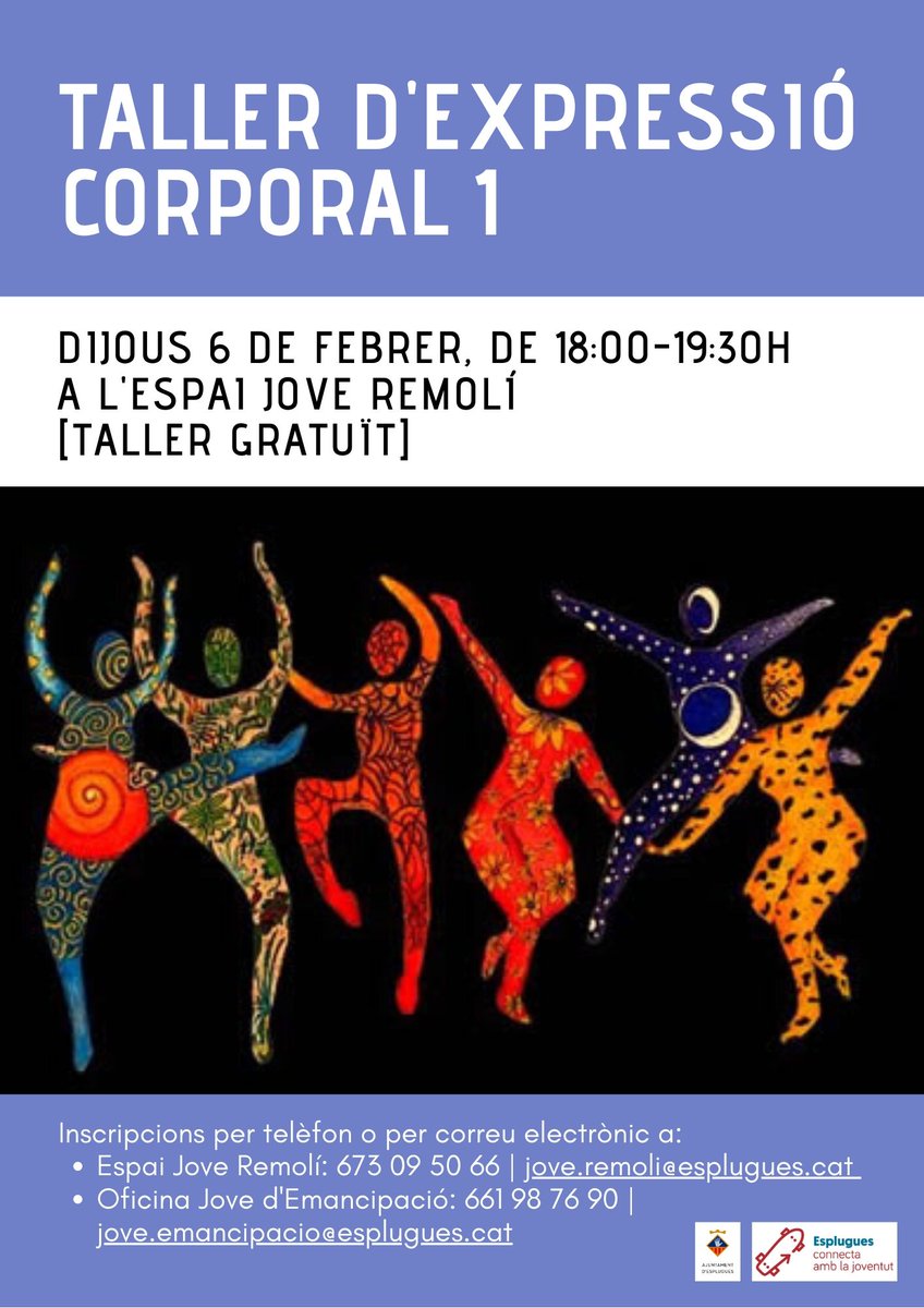 Esplujove's tweet photo. Si vols guanyar recursos per expressar emocions, per sentir el cos més lliure… Vine a probar el taller d’Expressió Corporal!
Farem 2 sessions, comencem el dijous 6 de febrer, de 18-19:30h!
#expressat #mouelcos #expressiocorporal #taller https://t.co/8PNubZnyF6