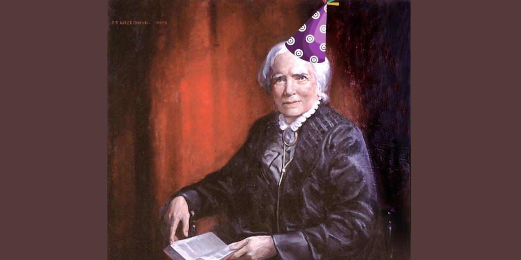 Painting of an older white woman in a late Victorian-syle purple dress, sitting with a book in her lap. A cartoon birthday hat has been superimposed on her head.