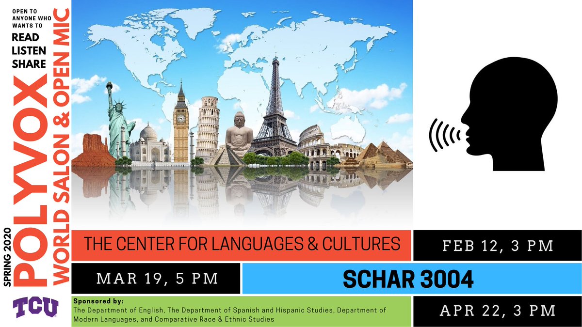 TCUEnglish's tweet photo. Join us for Polyvox: World Salon &amp; Open Mic on the following dates:

February 12 at 3pm 
March 19 at 5pm
April 22 at 3pm

All events held in Schar 3004.

Open to anyone who wants to read, listen, &amp; share.

Hope to see you there!

#TCU #TCUEnglish #Polyvox #GoFrogs https://t.co/UOQeUekfEu