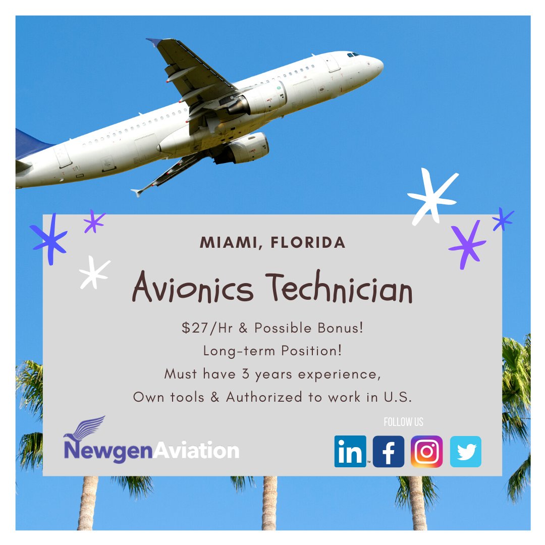 newgenaviation's tweet photo. Newgen Aviation is hiring Avionics Technicians for Miami, Florida. Apply today by visiting our website https://t.co/pXvlZ0Scjo or send your resume to recruiter@newgenaviation.com #avionicstechician #aircraftavionics #aircraftcareer #miamiflorida #newgenaviation #jointheteam https://t.co/KEj5gLknJt