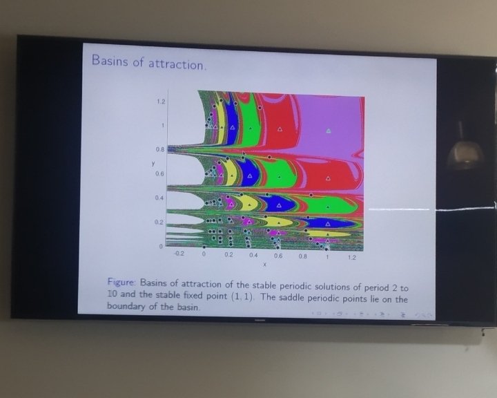 HamfatF's tweet photo. #Dynamical_systems: The art of mathematics. Sishu Muni of @MasseyUni talked about the homoclinic tangency in maps at the @anziam2020 #Basins_of_attractions #anziam2020 #CHAOS https://t.co/Uz0WViTbLx