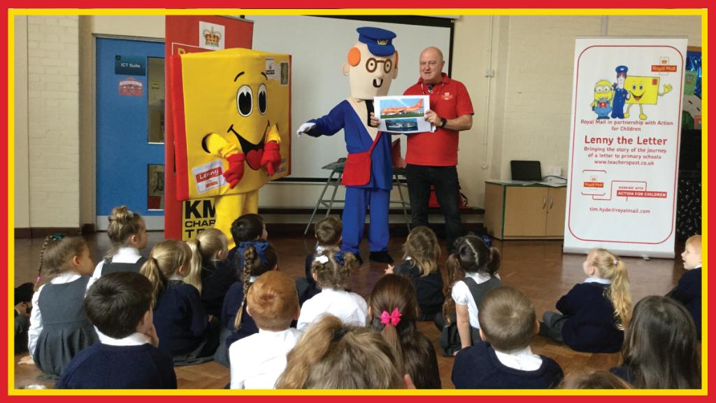 Postman Pat and Lenny the Letter talk to the children.