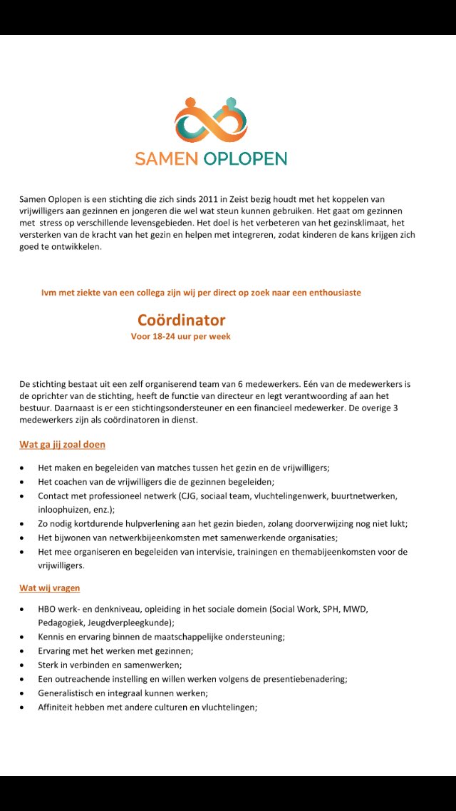 SamenOplopen's tweet photo. Samen Oplopen heeft vacature(s). Welke HBO’er in het sociaal domein wil met liefde gezinnen en vrijwilligers begeleiden die een tijdje samen oplopen in Zeist? Geweldig werk! Voorlopig 18-24 u/week. Delen: heel graag! https://t.co/iVVmga7GiJ