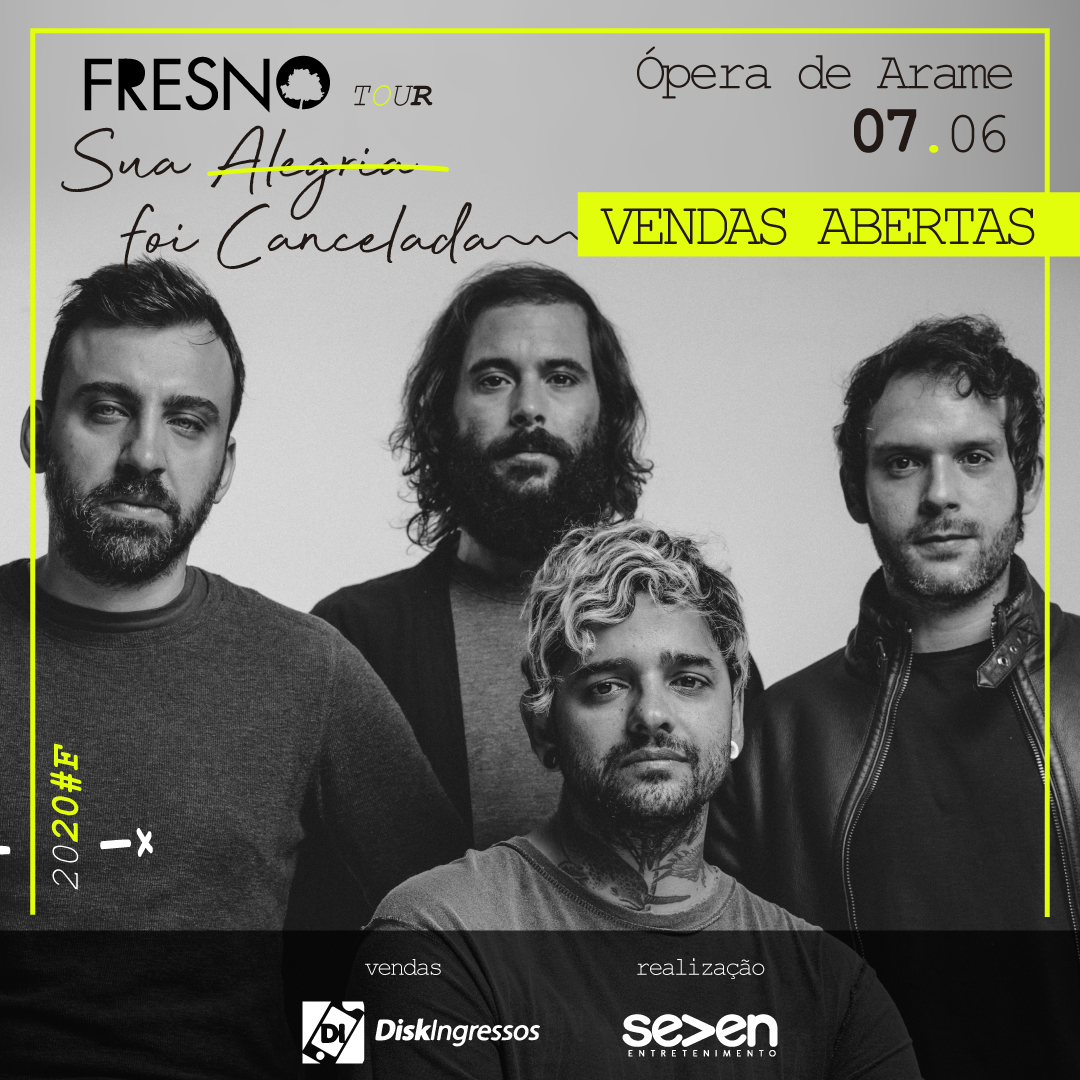 VENDAS ABERTAS! 💥

Prestes a completar 20 anos de estrada, a banda Fresno vem a Curitiba com sua nova turnê #SuaAlegriaFoiCancelada.💚

CLIQUE AQUI PARA COMPRAR: bit.ly/FresnoCuritiba…

#suaalegriafoic̸a̸n̸c̸e̸l̸a̸d̸a #fresno #curitiba #ingressos #show