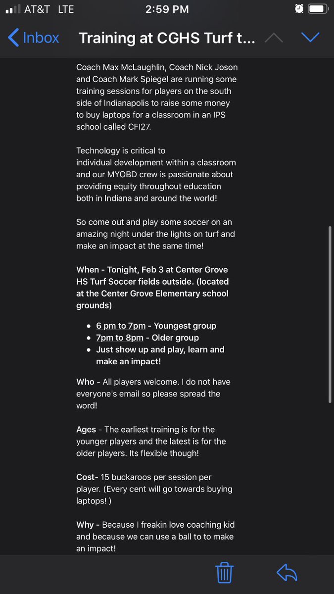Coach Mark, Joson and Max will be at CGHS tonight running some training sessions to help a IPS school in need. Take advantage of the great weather, get some touches and support a good cause. All the details are in the pic.