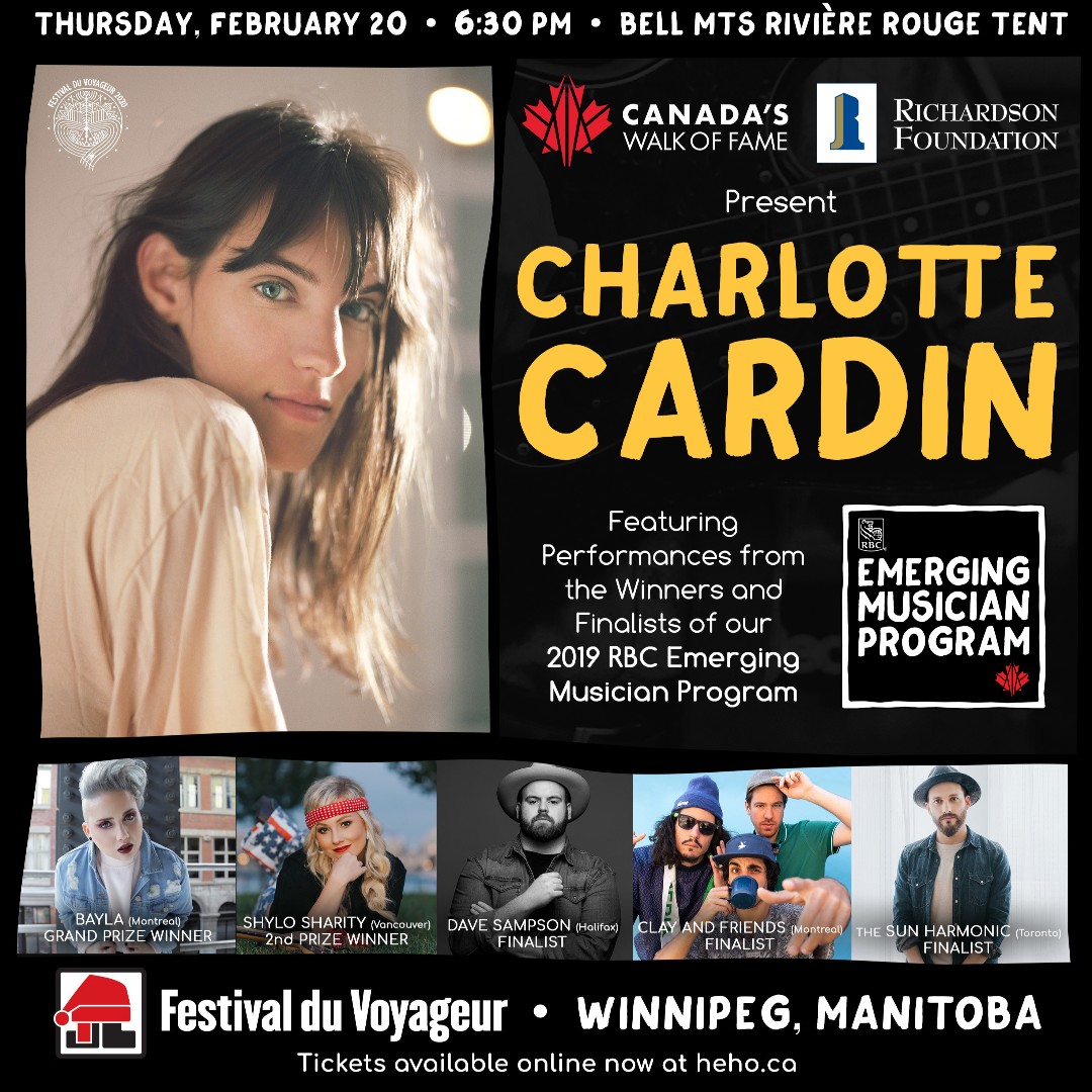CWOFame's tweet photo. Want to hear some incredible Canadian talent and dance the night away? Join us, headlining artist @Charlottecardin &amp; our 2019 Emerging Musicians in the Bell MTS Rivière-Rouge tent on Feb 20 at 6:30 PM! Get your tickets at: https://t.co/wHme2hy0bV #Winnipeg #FDV2020 #CanadaThrives https://t.co/qiLXEvp1Ce