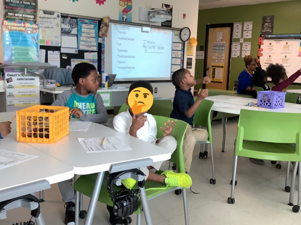 TeachSingleton's tweet photo. #PBLChronicles Thanks to @drhogans7320 for a great idea to engage Ss w/G.W.Carver project! We put on our scientists hats and tested whether honey, melted butter, or oil would be the better binder to make creamy peanut butter. Today we tested honey! The reactions were priceless! https://t.co/leKexb2LkR