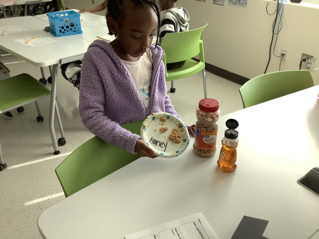 TeachSingleton's tweet photo. #PBLChronicles Thanks to @drhogans7320 for a great idea to engage Ss w/G.W.Carver project! We put on our scientists hats and tested whether honey, melted butter, or oil would be the better binder to make creamy peanut butter. Today we tested honey! The reactions were priceless! https://t.co/leKexb2LkR