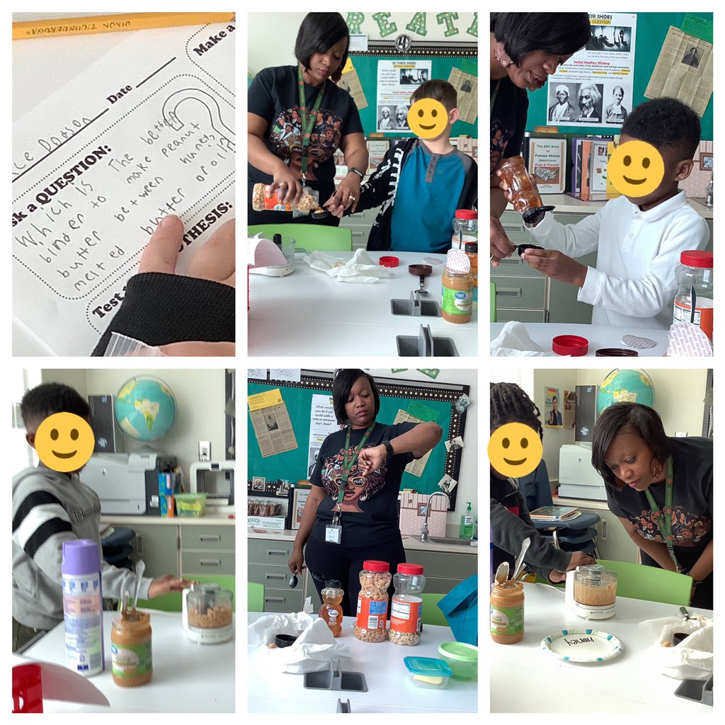 TeachSingleton's tweet photo. #PBLChronicles Thanks to @drhogans7320 for a great idea to engage Ss w/G.W.Carver project! We put on our scientists hats and tested whether honey, melted butter, or oil would be the better binder to make creamy peanut butter. Today we tested honey! The reactions were priceless! https://t.co/leKexb2LkR