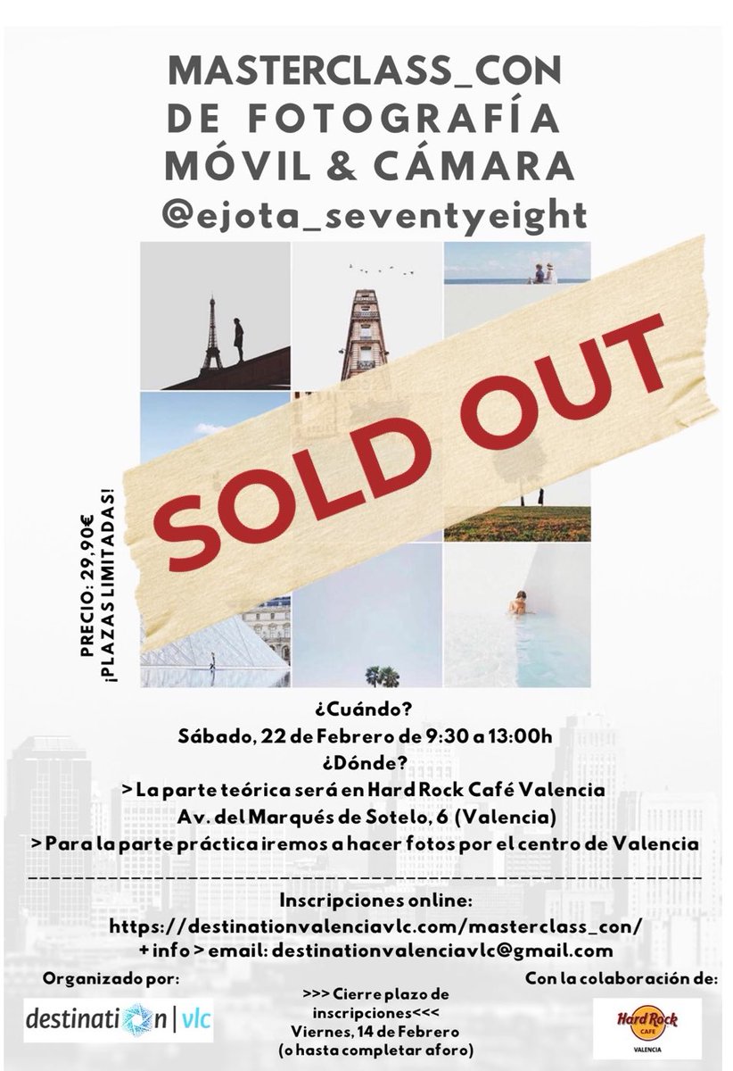 destination_vlc's tweet photo. Felices de anunciar que se han acabado todas las entradas de la próxima #masterclass_con de fotografía con @emilio_chulia en @HRCafeValencia el Sábado, 22 de febrero👉🏼Si queréis asistir a próximos eventos o conocer las últimas noticias +info: https://t.co/6CGLWUdGKM #valencia https://t.co/d6Kvv24l46