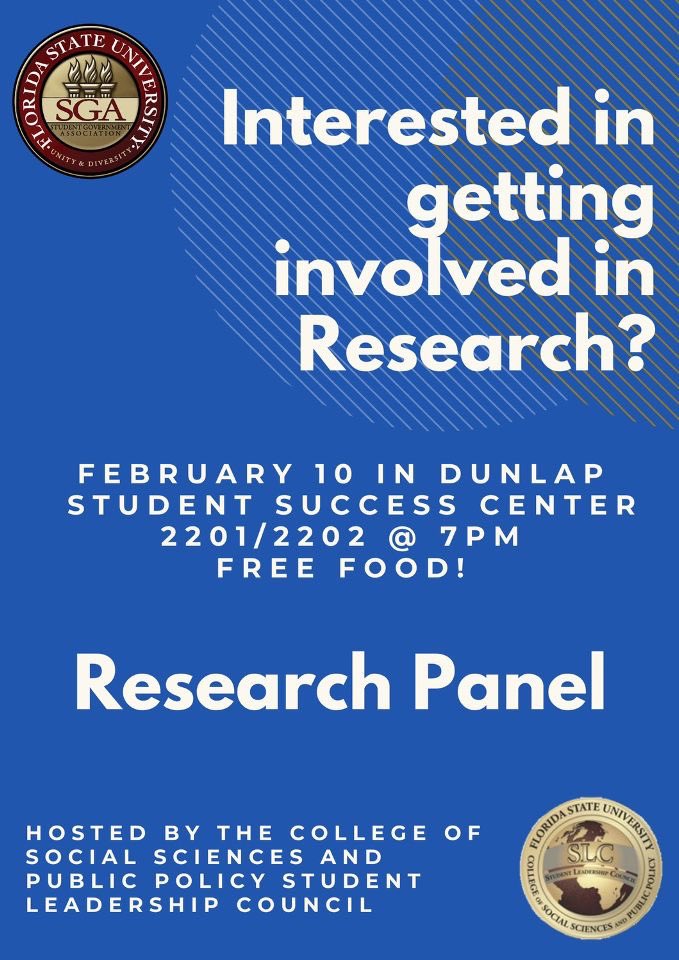 FSUCOSSSLC's tweet image. Interested in getting involved in research? Visit our Research Panel next monday @ 7 in Dunlap 2201!