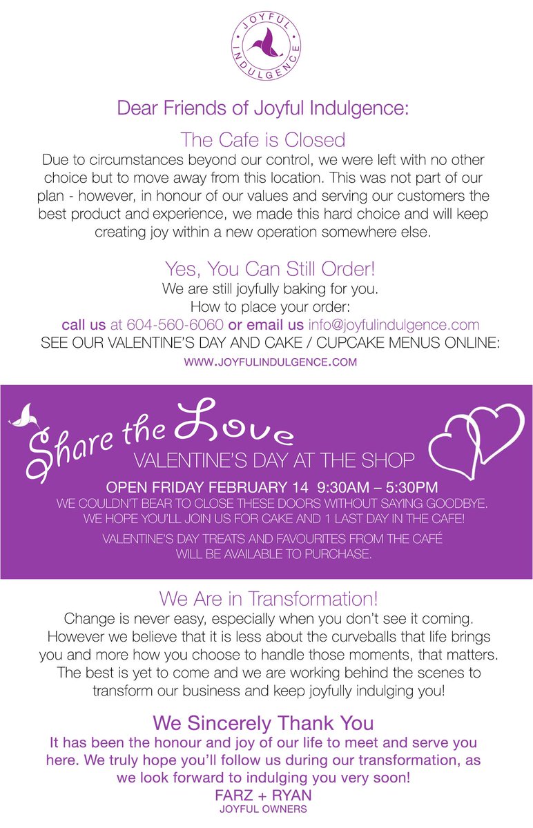 JoyfullyIndulge's tweet photo. Dear Joyful Indulgers, we have some information to share with you. We hope you will read through the image included in this post &amp; look forward to connecting with you. Thanks for all the joy ❤️ It has been our pleasure to indulge you 🥰
#bakery #cafe #coffeeshop #southsurrey https://t.co/s03TmzLjpF